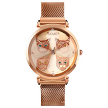 SKMEI 1767 excelente reloj de cuarzo lindo gato imán de acero inoxidable reloj para mujer